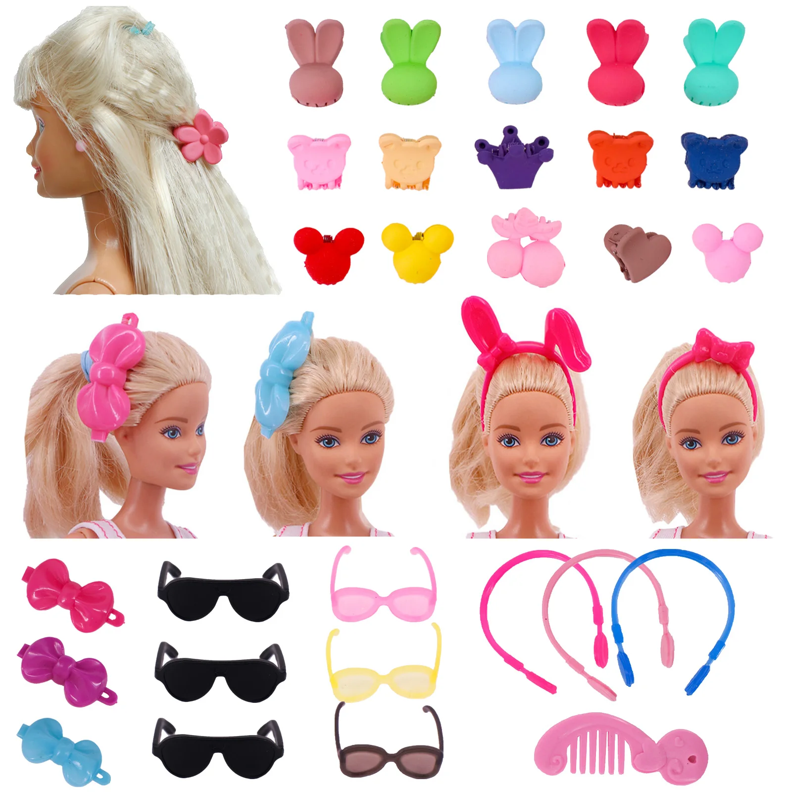 Cute Colorful Flower Small Hair Claws Sweet Hairpins Fashion Clips Glasses Headset for Barbies Doll Hair Accessories Kids Toy