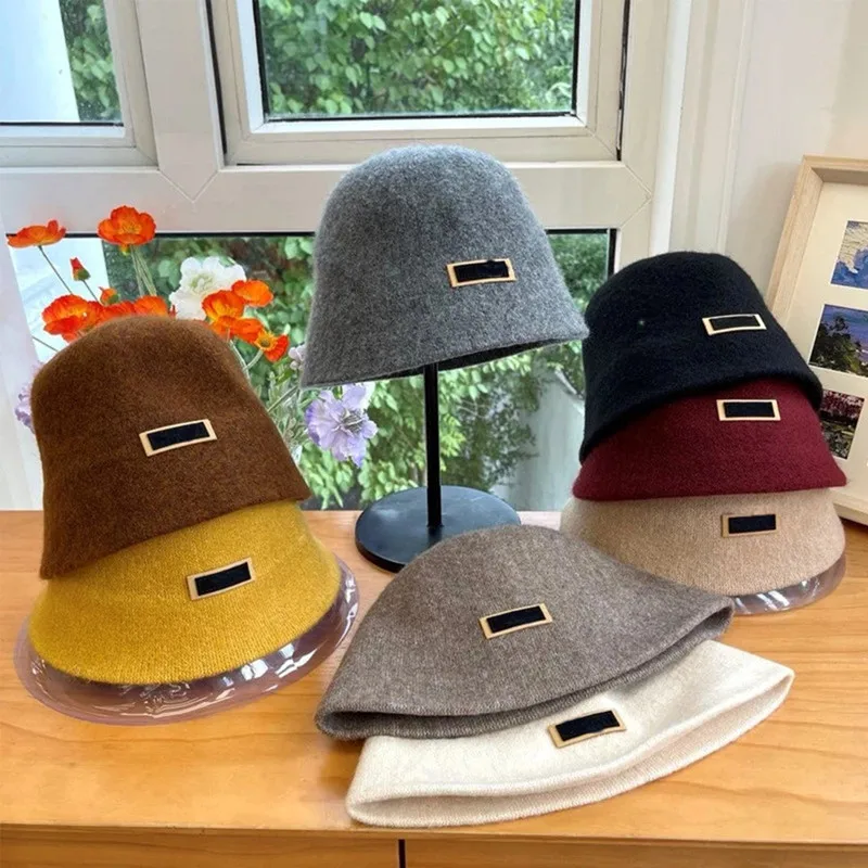 

Wool Hat Bucket Cap Winter Women's Fashion Solid Color Fisherman's Hat Retro Knitted Wool Beanie Hats for Women Fashion Gift