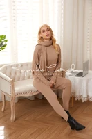 knitted 3 piece set women solid color sweater tracksuit autumn pullover topknit harem pantsscarf soft suit fall winter style