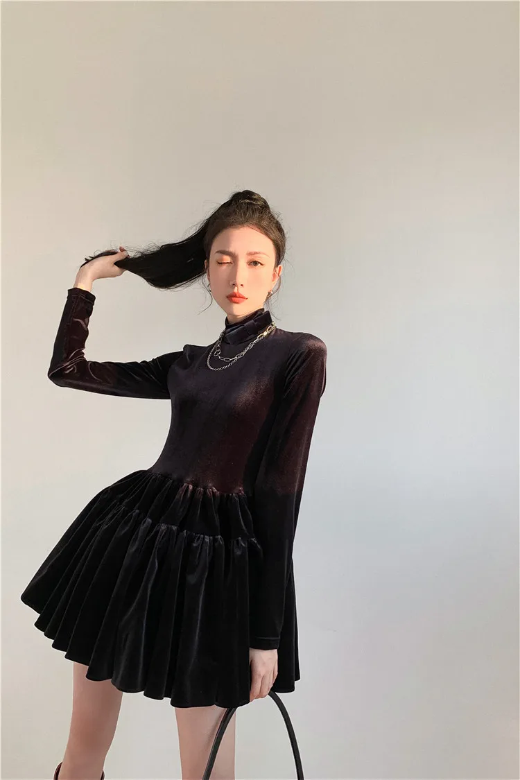 

2021 New Spring Women's Retro Stand Collar Black Velour Ball Gown Dress Streetwear Ladies Long-sleeved Party Short Dress