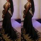 Длинные черные платья-русалки для выпускного вечера, Золотое кружевное платье с аппликацией и длинным рукавом, роскошное платье для выпускного вечера с бисером, 2020