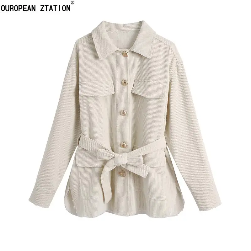 

2021 Women autumn Fashion belted corduroy overshirt Jackets Retro casual long sleeves pockets female coat with Belt Outwear Top