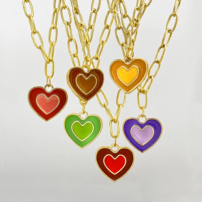 

Fashion Colorful Double Heart Pendant Necklace for Women Enamel Clavicle Chain Neck Choker Party Wedding Jewelry Collar Gifts
