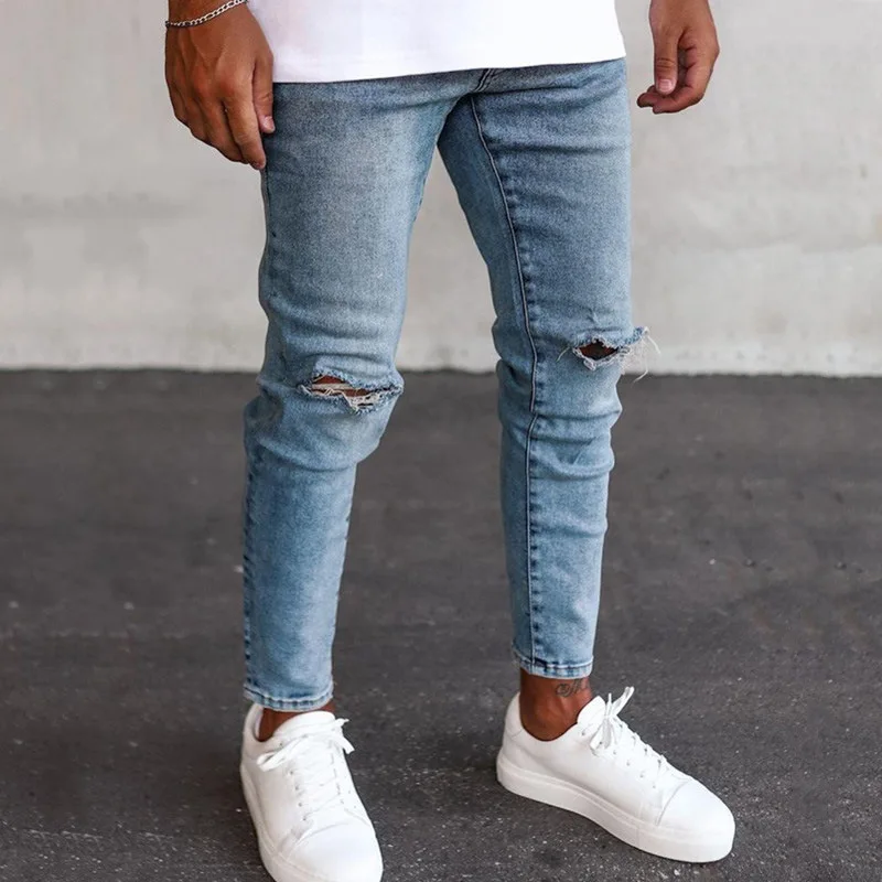 Mens Skinny Ripped Jeans Slim Patchwork Blue Denim Pants Pencil Pants Street Hip-hop Denim Trousers Fashion Boyfriend Jeans