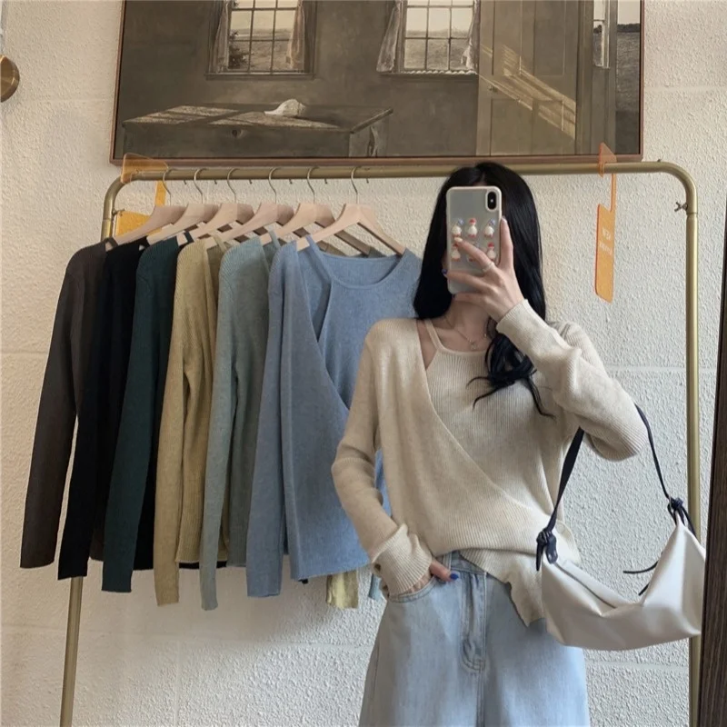 Осень 2021 дизайнерский Вязаный топ с имитацией двух длинных рукавов Свободный