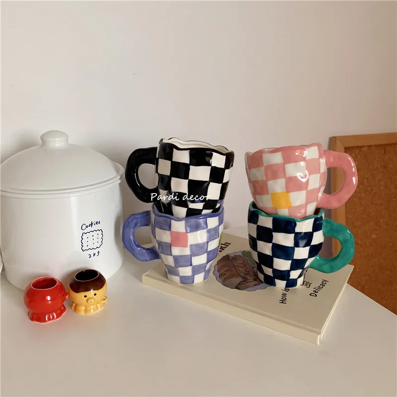 

Lattice Ceramic Mug Chessboard Style Handmade Mug Coffee Cup Hand-painted Water Cup Irregular Milk Cup Breakfast Christmas Gift