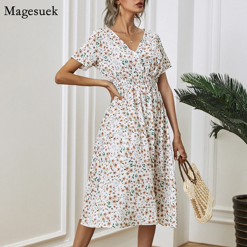 

Floral Printing Summer Chiffon Beach Dress Women 2021 Short Sleeve White Dress Women Casual V-neck Midi Dresses Vestidos 14872
