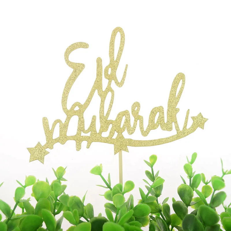 

Eid Mubarak With Star Cake Topper Flags Birthday Glitter Gold Cupcake Topper Ramadan Festival Muslim Mubarak Party DIY Baking