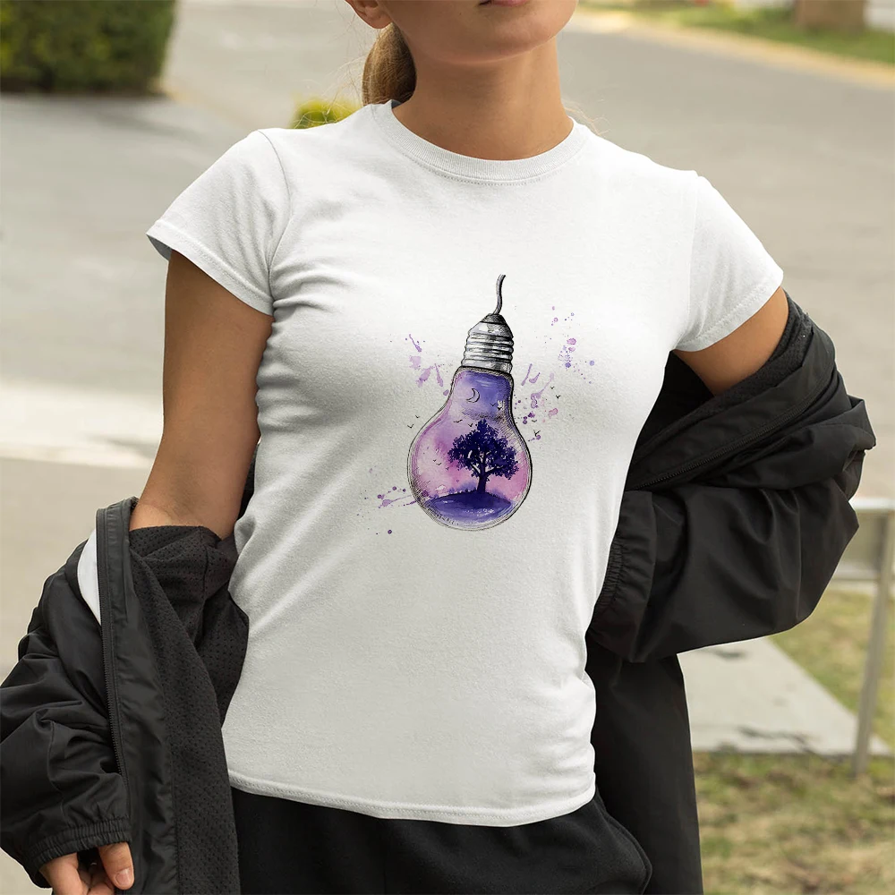 

Big Tree In Light Bulb Graphic Women Short Sleeve Cartoon Dynamic White Tops Kawaii Streetwear T Shirt Harajuku Graphic Tees