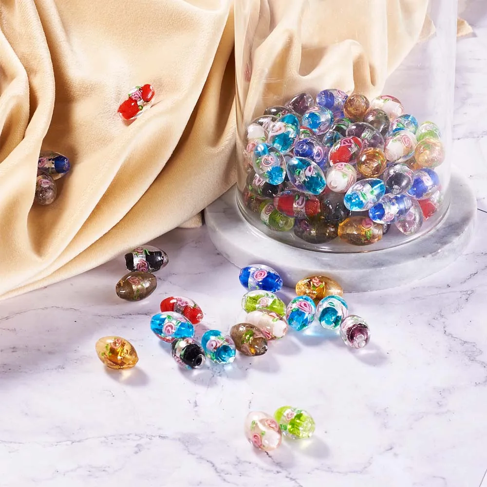

100pcs/set Handmade Foil Glass Lampwork Oval Beads with Flower for jewelry making Accessories Mix 10 Colors