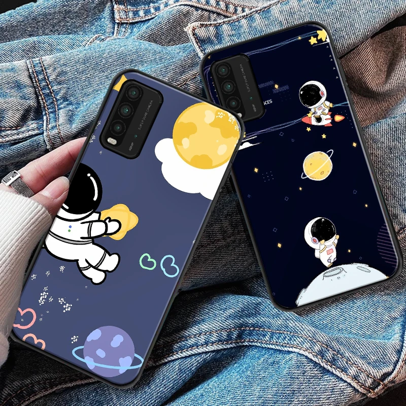 

Cute Fuuny Astronaut Space Square Silicone Case For Xiaomi Redmi 9 9i 9AT 9T 9A 9C Note 9 9T 9S 9 Pro Max Cartoon Black Cover