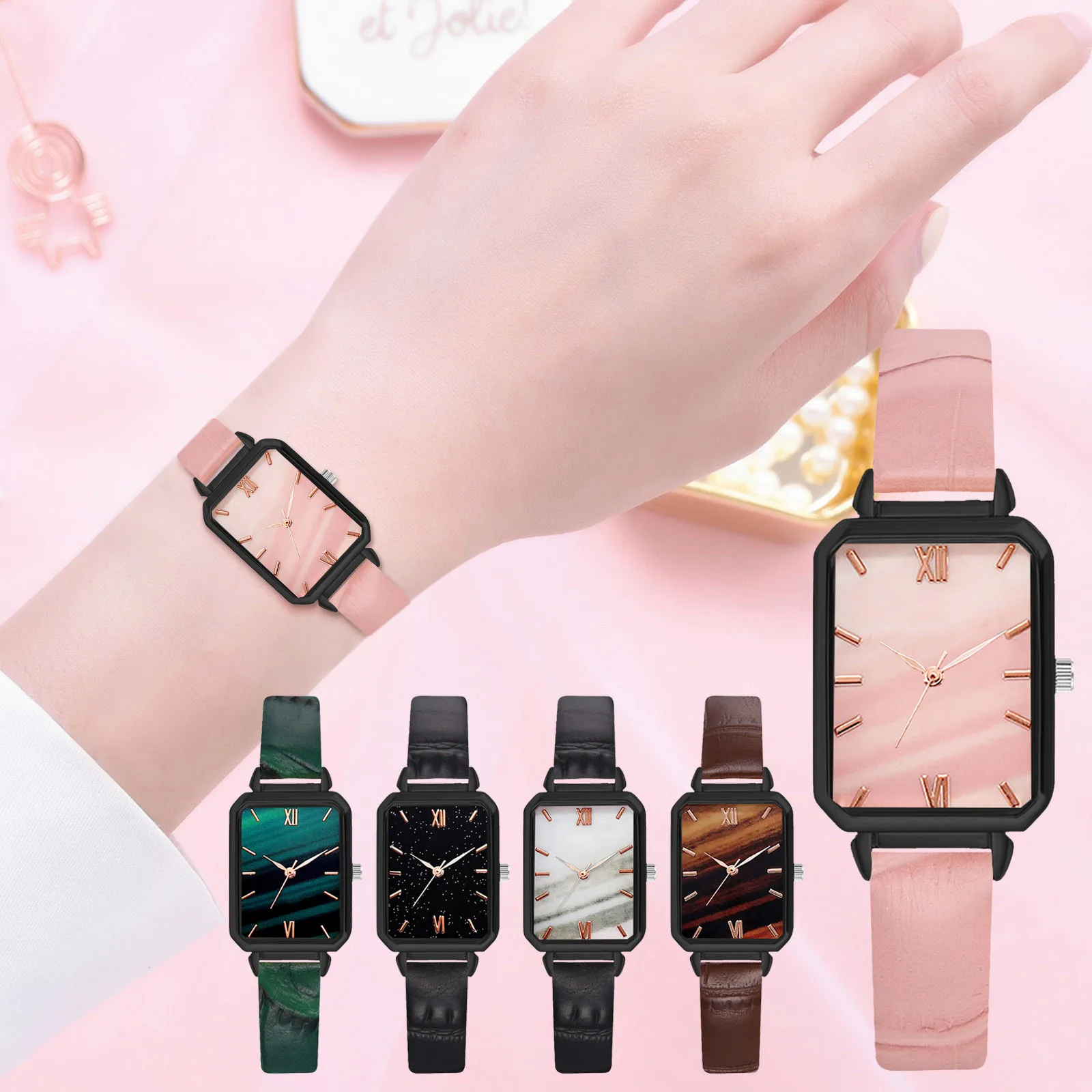 

Часы женские кварцевые с квадратным циферблатом, модные простые Роскошные с зеленым циферблатом, с сетчатым браслетом из розового золота