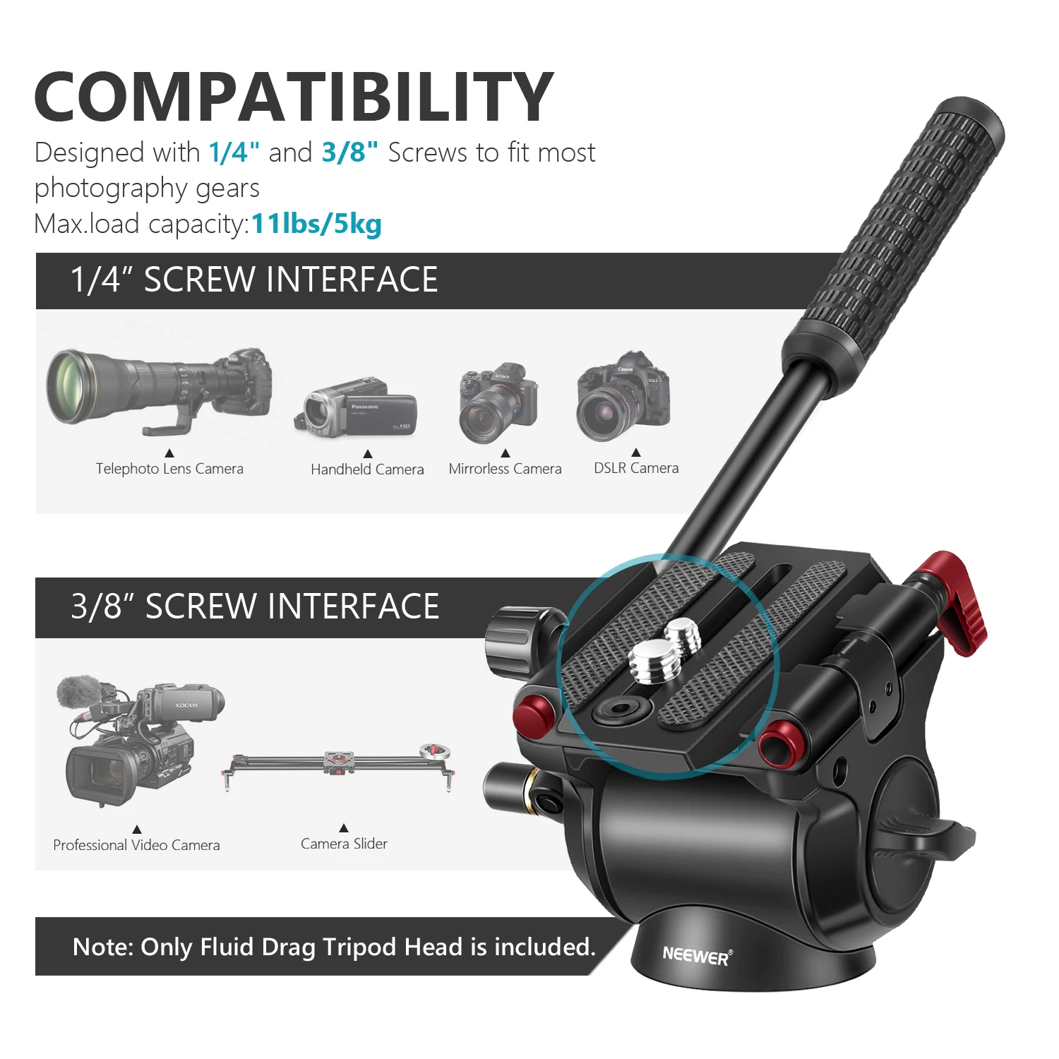 

Neewer Upgraded Heavy Duty Tripod Fluid Drag Pan Head with 1/4 and 3/8 inch Screws for DSLR Cameras Load up to 5KG