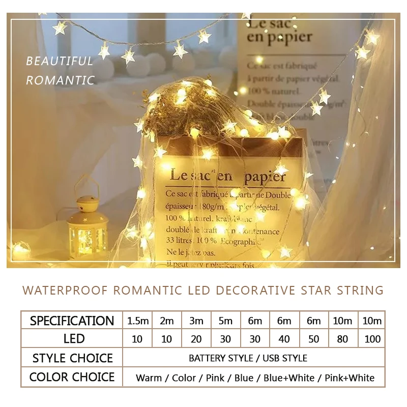 Многоцветная Мерцающая светодиодная гирлянда со звездами внутренняя на