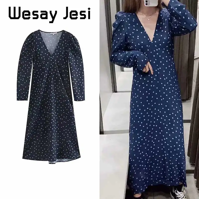 Женское винтажное платье в горошек с пышными рукавами макси vestidos de fiesta noche