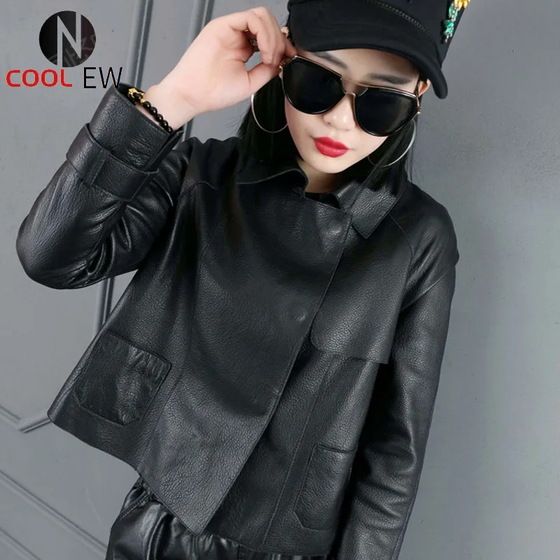 

Women New Korean Style Loose Sheep Leather Coats Suit Genuine Leather Sheepskin Jacket Black Stand Collar Female Overcoats