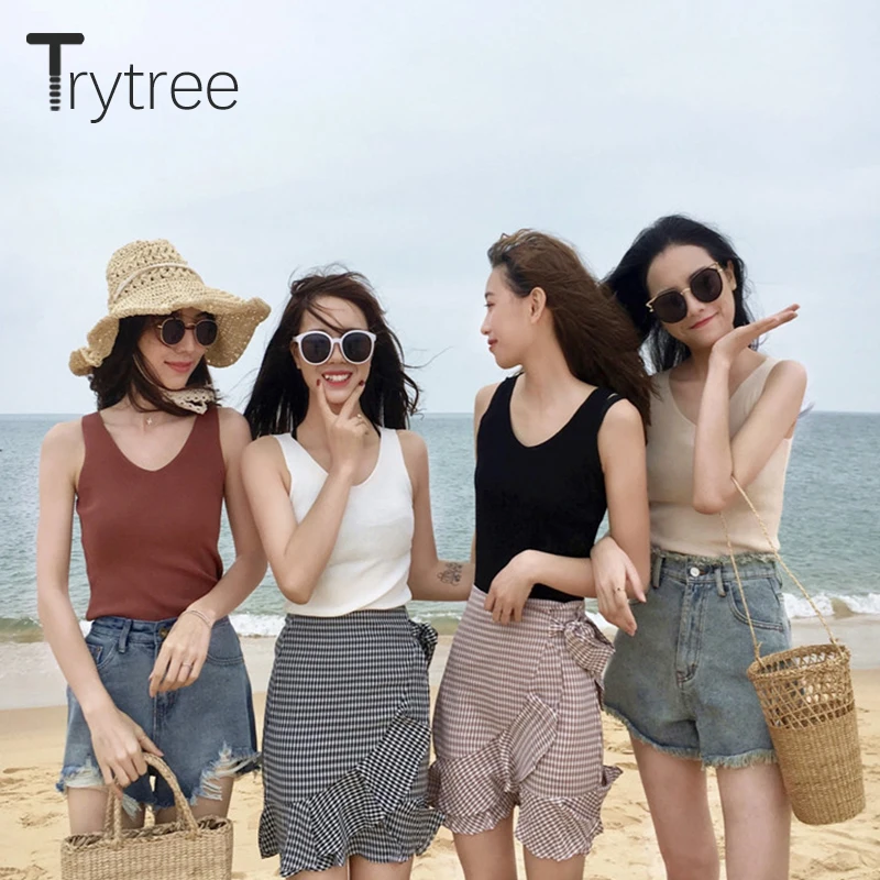

Trytree 2020 Summer Vest Women Casual Solid Slim fit Knitting Elastic Force Solid 4 Color Fashion All-Purpose Style Sexy Vest