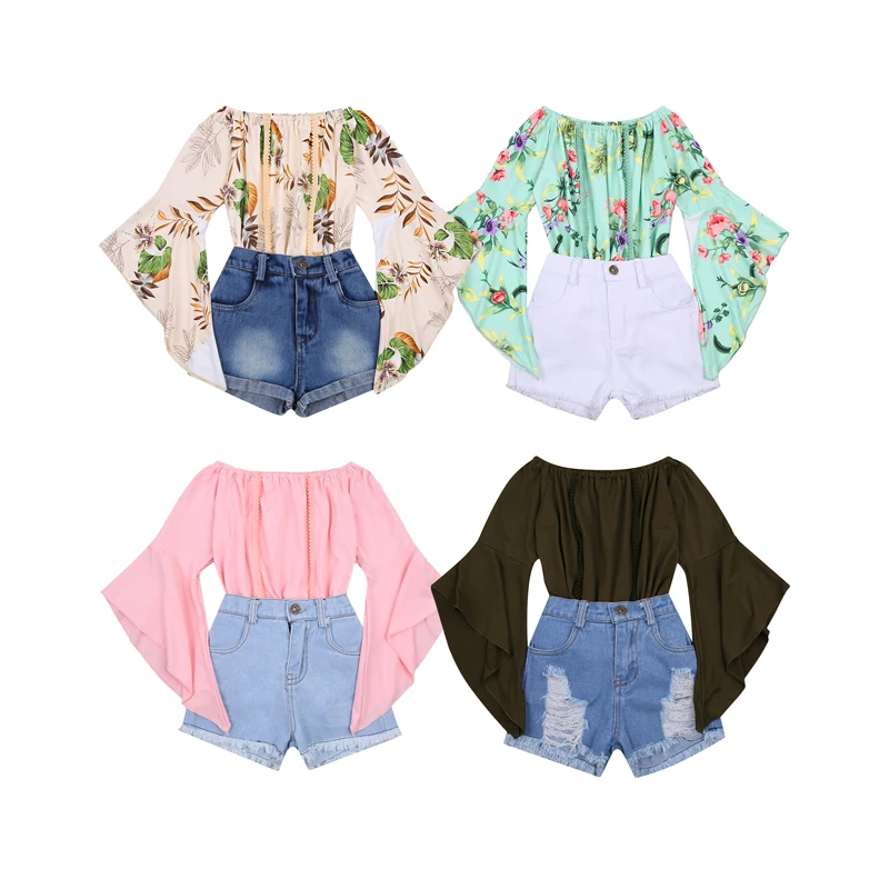 

Комплект летней одежды Lioraitiin для девочек 1-6 лет, футболка с вырезом лодочкой и асимметричным рукавом, топ с короткими рваными джинсами, комп...