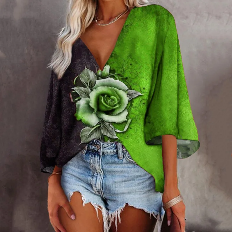 

Women's T Shirt Summer Pop Elegant Nice Rose Flower Print V Neck Flared Sleeve Casual Bat Shirt Printing Explosive Ladies Pop