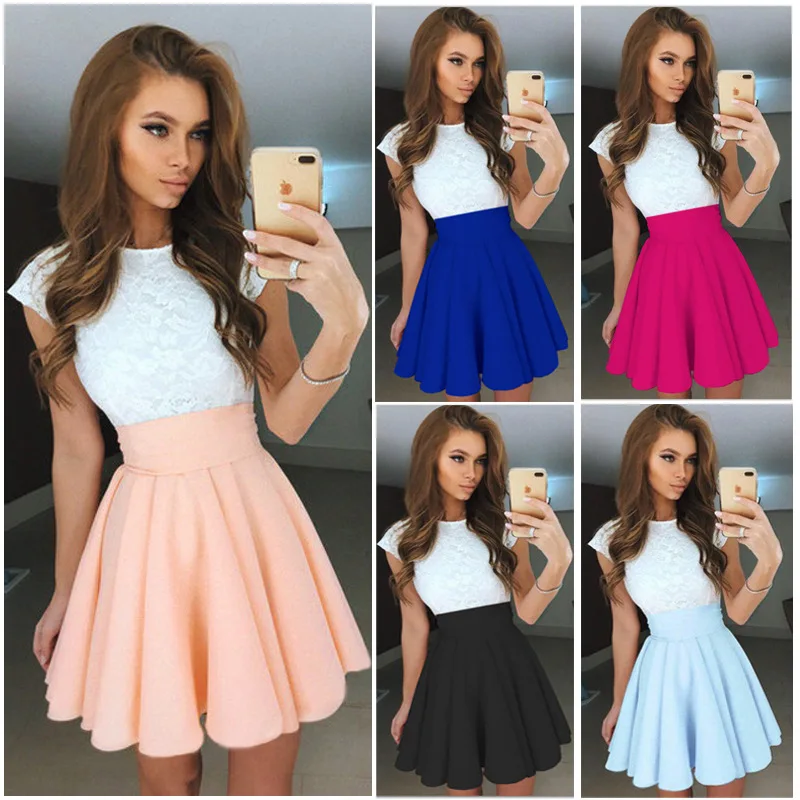 

Women Short Sleeve Short Dress Round Neck Lace Stitching Summer Street Style Fluffy dress Basic Socket