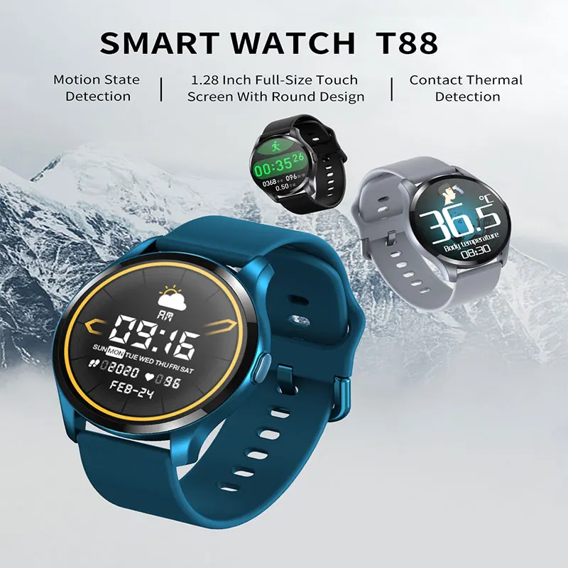 

2021 T88 Smart Watch Thermometer Heart Rate Monitor Blood Pressure Temperature Music Control IP67 Waterproof for Android iOS