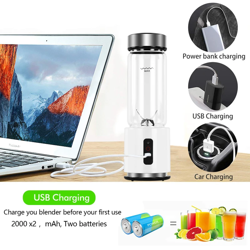 380ml 4000mAh USB Rechargeable Portable Glass Cup Personal Mini Blender Juicer Vegetable Fruit Citrus Orange Juice Maker Mixer