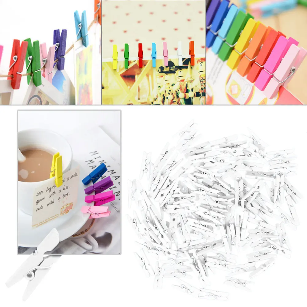 

100pcs White Mini 2.5cm x 0.3cm Wooden Utility Versatile Paper Clips Clothespin Clips Picture Photo Clips Cable Clips Pictures