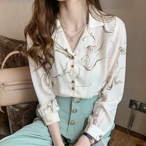 Рубашка Shintimes женская с принтом, винтажная шифоновая блузка с длинным рукавом, на пуговицах, с разрезом, топ на осень, 2022