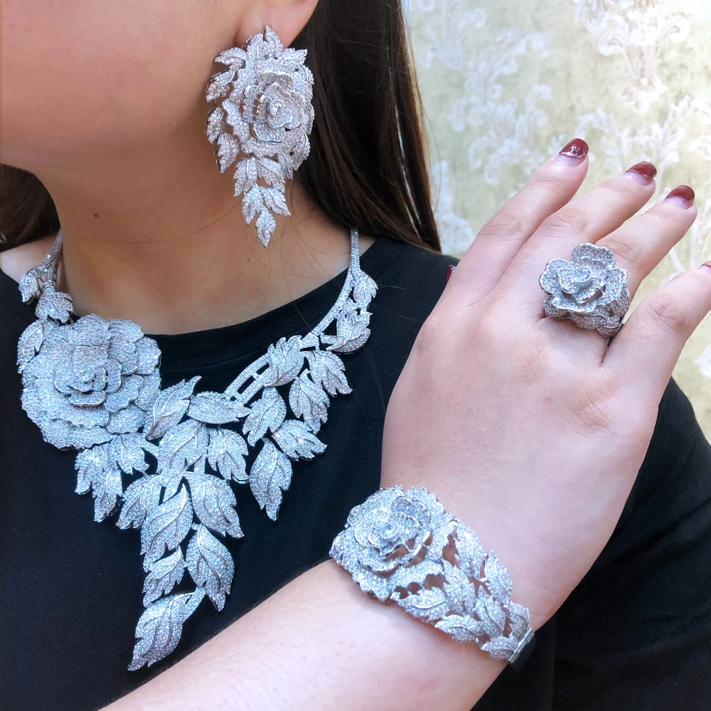 

missvikki Trendy Luxury Valuable Peony Big Flowers Jewelry Set Necklace Bangle Earrings Ring For Women Bridal Wedding Jewelry