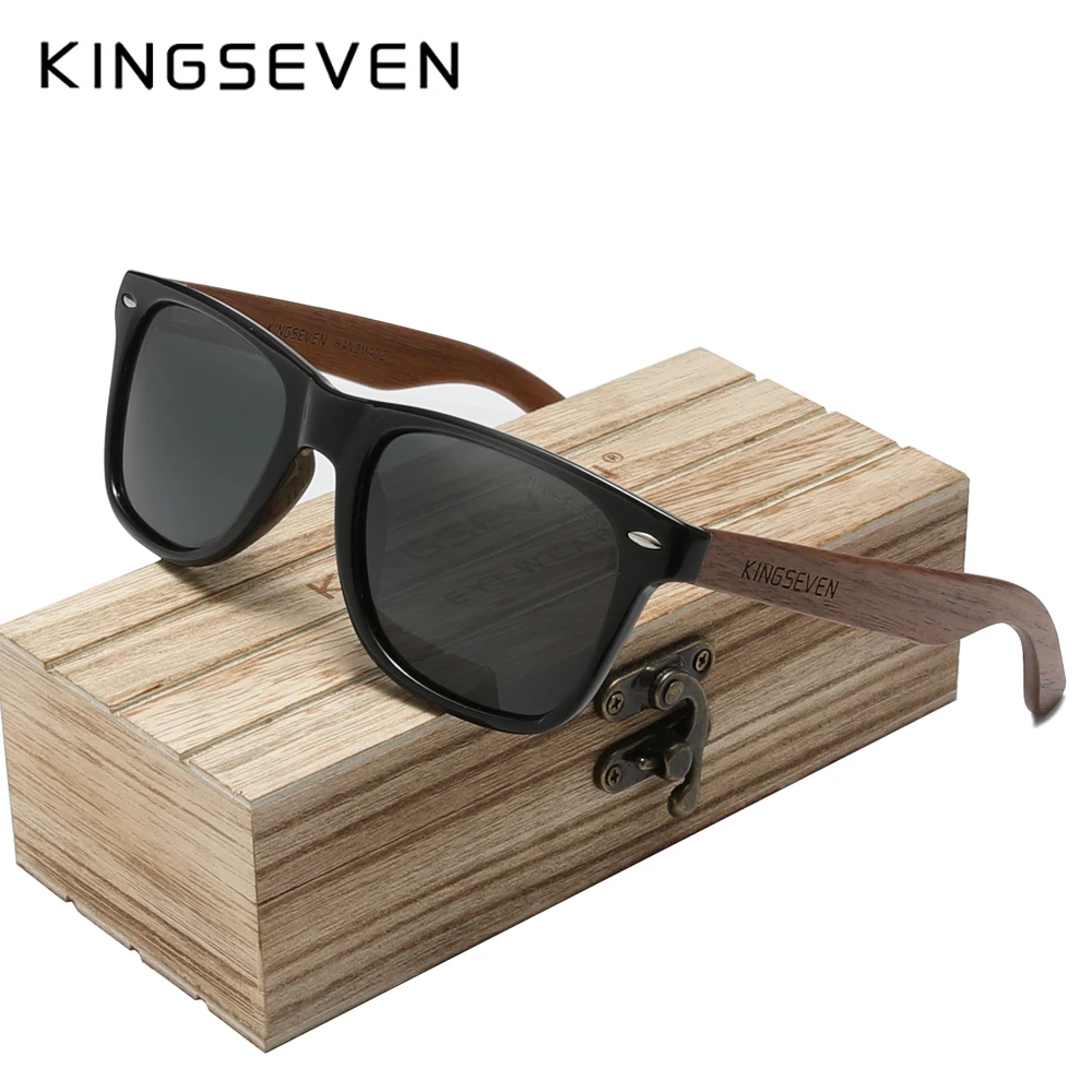

KINGSEVEN 2021 Brand Design Handmade Black Walnut Wooden Sunglasses Men Women HD Polarized Eyewear UV400 Lens With Wood Box