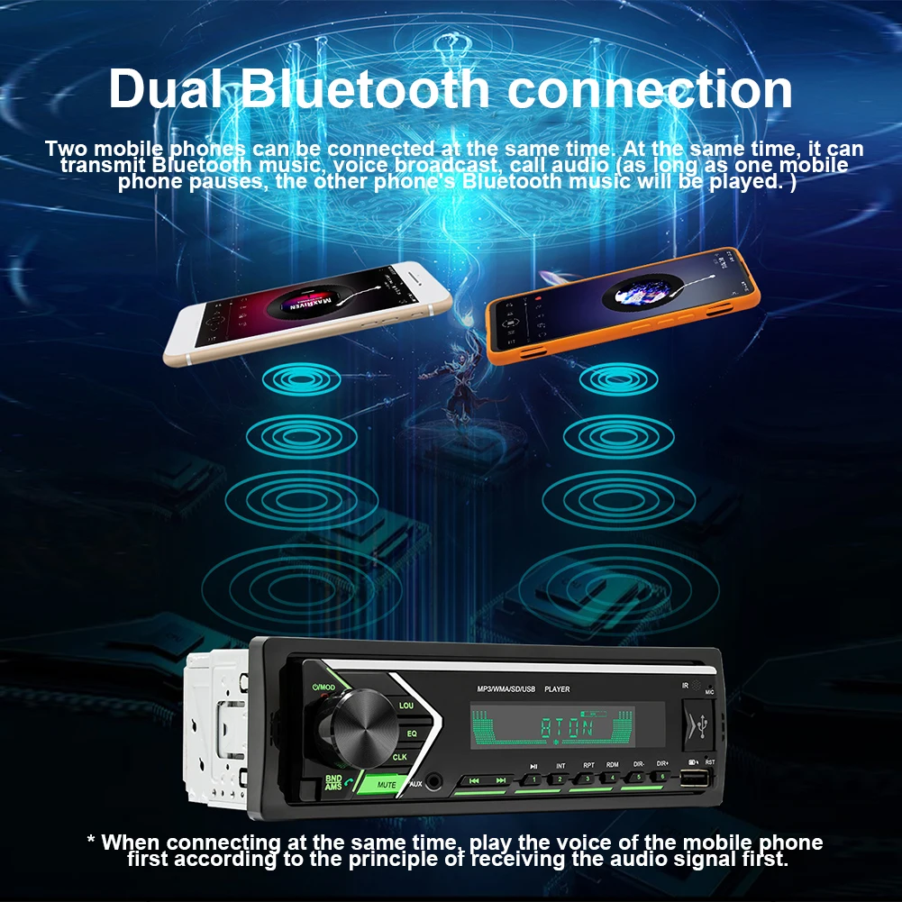 

Car MP3 Player Dual Bluetooth Handsfree Calls Support TF Card AUX In 7 Colors Light Stereo Radio Lossless Music FM Transmitter