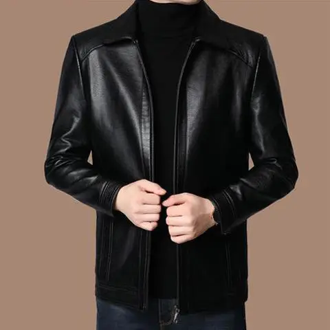 

2020 New Winter Middle-aged Men Leather Jacket Male 4XL Velvet Lapel Turn-down Collar Zipper Long Sleeve Coat K148