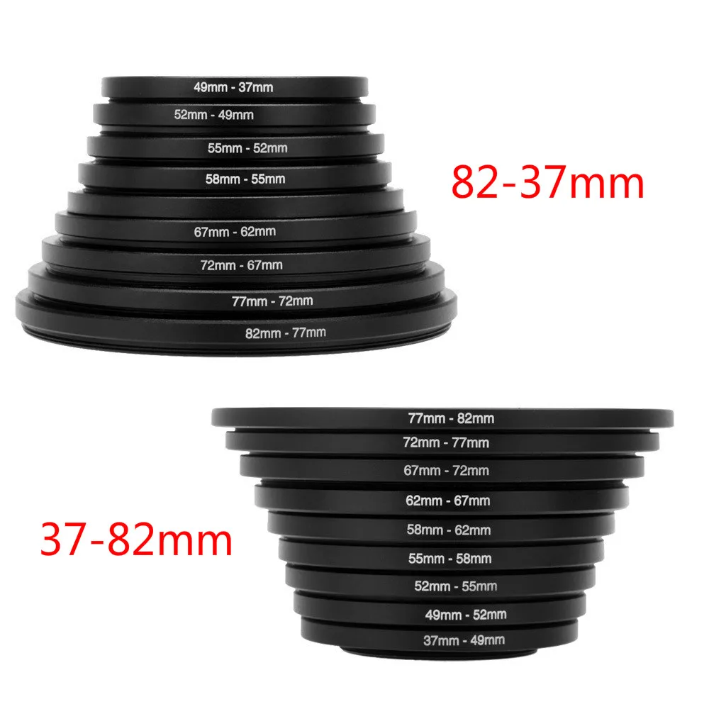 

9 pcs Metal Step Up Rings Aluminum Universal Lens Adapter Filter Set 37-49-52-55-58-62-67-72-77mm