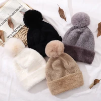 cntang new womens warm double layer lining hat faux rabbit fur pompom beanies fashion winter fabric lamb cap casual girls hats