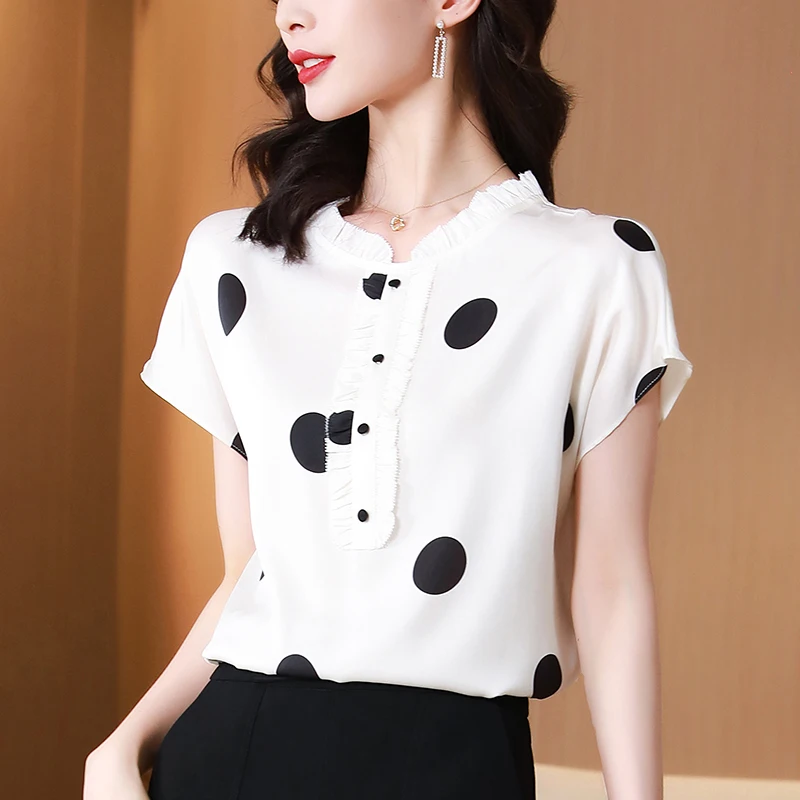 2022 Summer Women's White Shirt Elegant O-neck Short Sleeve Loose Shirts Natural Real Silk Office Lady Dot Printed Blouse Tops