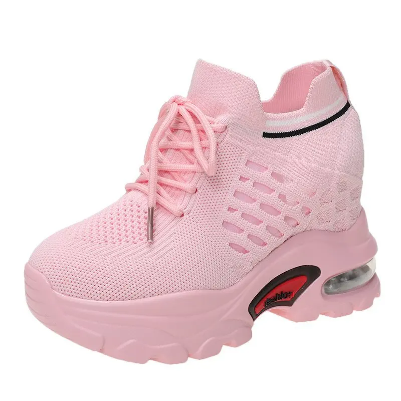 

Женские сетчатые кроссовки, повседневная обувь на танкетке, на шнуровке, высокий каблук, 4 цвета