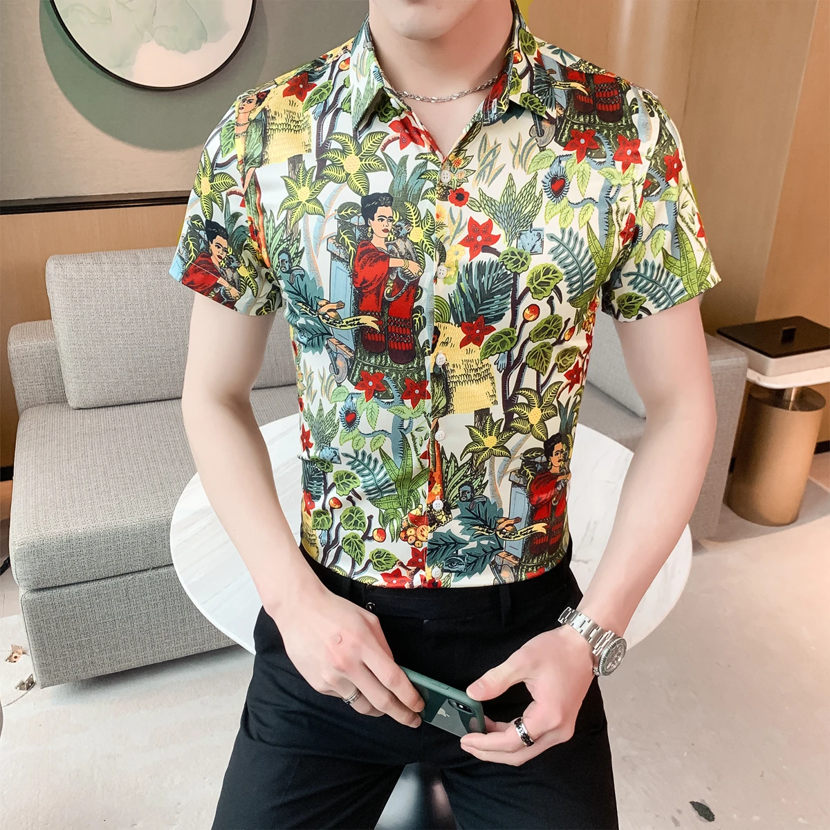 

Hawaiian Men Summer Shirts Slim Mode Chemise Homme Floral Print Short Sleeve Shirt Holiday Casual Dress Blouse Clothes