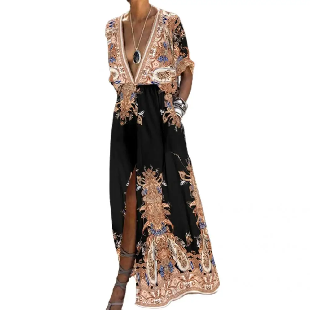 

Slim Fashion Short Sleeve Deep V Neck Dress Elegant Summer Dress Long for Party