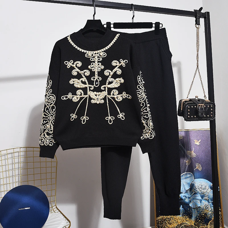 Autumn Knit Set Beading Flowers Tracksuit Female Knitted Sweater Long Pants Suit two piece set Women Knitting Outfits Winter | Женская