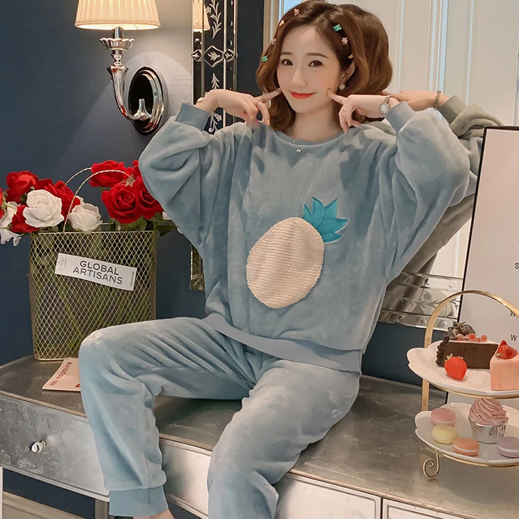 pajamas for women pineapple Women Long Sleeve Flannel Shirt Pant Pajama Sleepwear Nightwear Sets Clothes#3