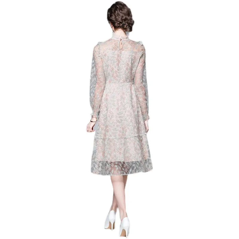 

High End Luxury Dress Women Stand Collar Mesh Floral Embroidery Dress 2021 New Arrival Spring Autumn Vestidos