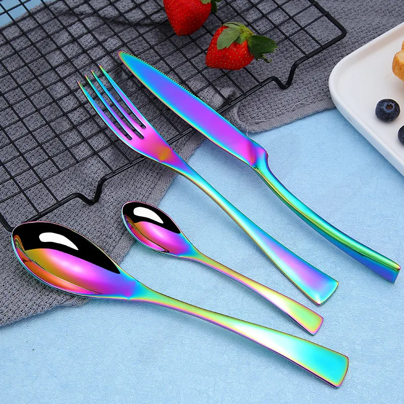 

Cutlery Steel Luxury Set Rainbow Fork Knife Spoon Set Stainless Dinner Flatware Home Set Black Kitchen Set Tableware