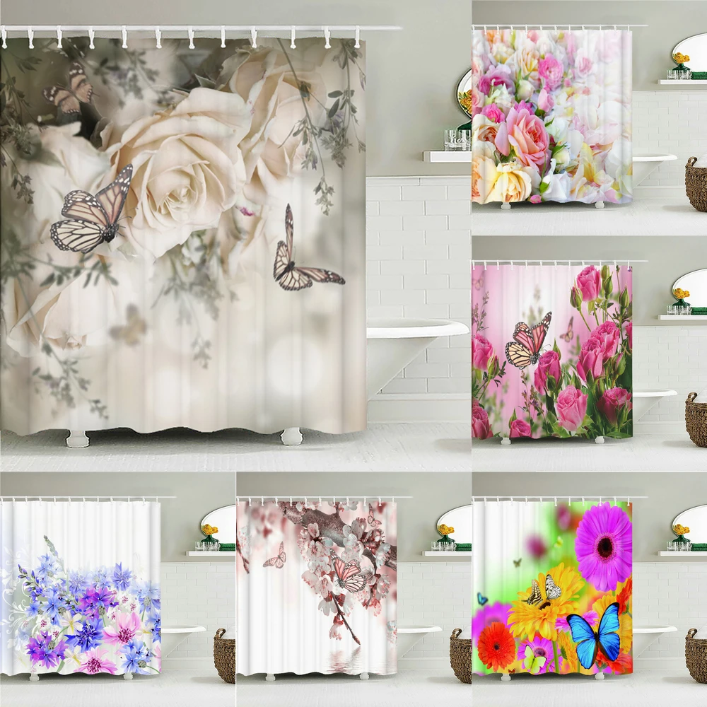 

Colorful Beautiful Fresh Flowers Shower Curtain Bathroom Waterproof Polyester Butterfly 3D Print Curtains for Bathroom Shower