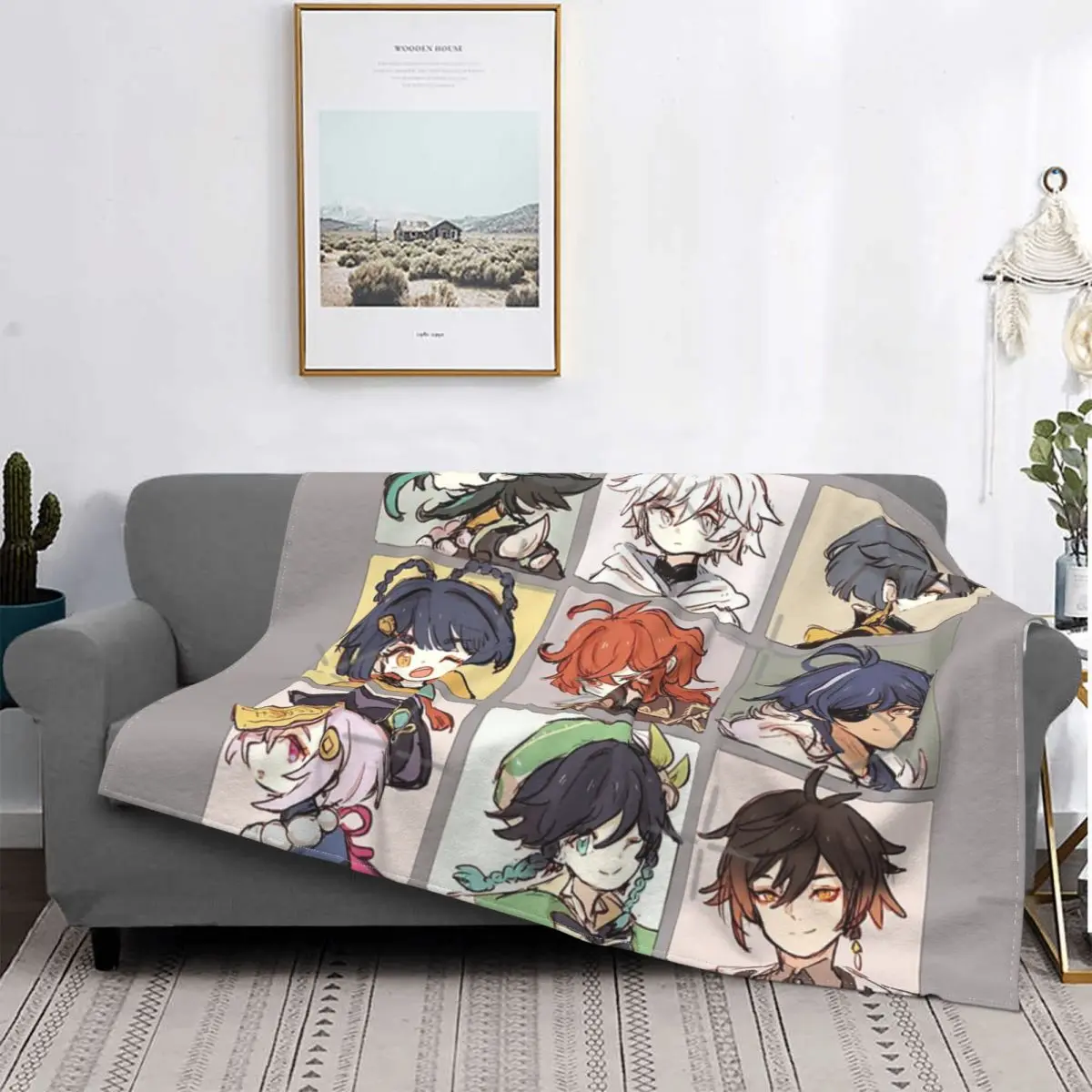 

Одеяло Genshin Impact с персонажами Чиби, покрывало на кровать, Клетчатое одеяло, аниме, клетчатое Флисовое одеяло, плед и одеяло
