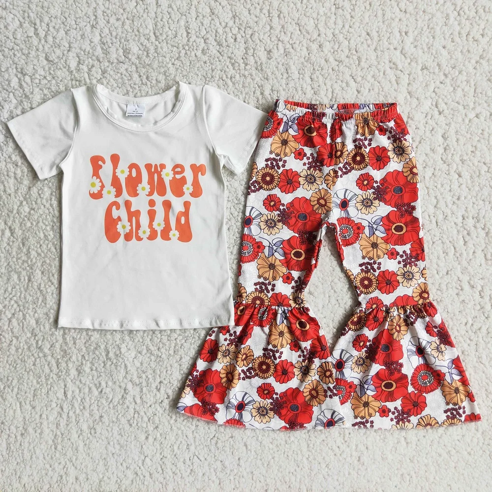 

Wholesale Fall Kids Short Sleeve Shirts Hot Sale Bells Styles Baby Flower Print Outfit Kids Letter T-shirts Boutique Clothes