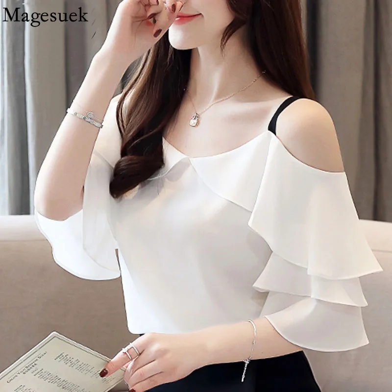 

Korean Fashion Ruffled Chiffon Shirt Solid Short Butterfly Sleeve Tops Clothing 2021 Spliced White Shirt Blusas Female 4079 50