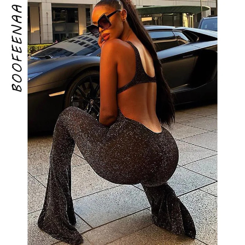 BOOFEENAA блестящий черный сексуальный клубный комбинезон для женщин прозрачный