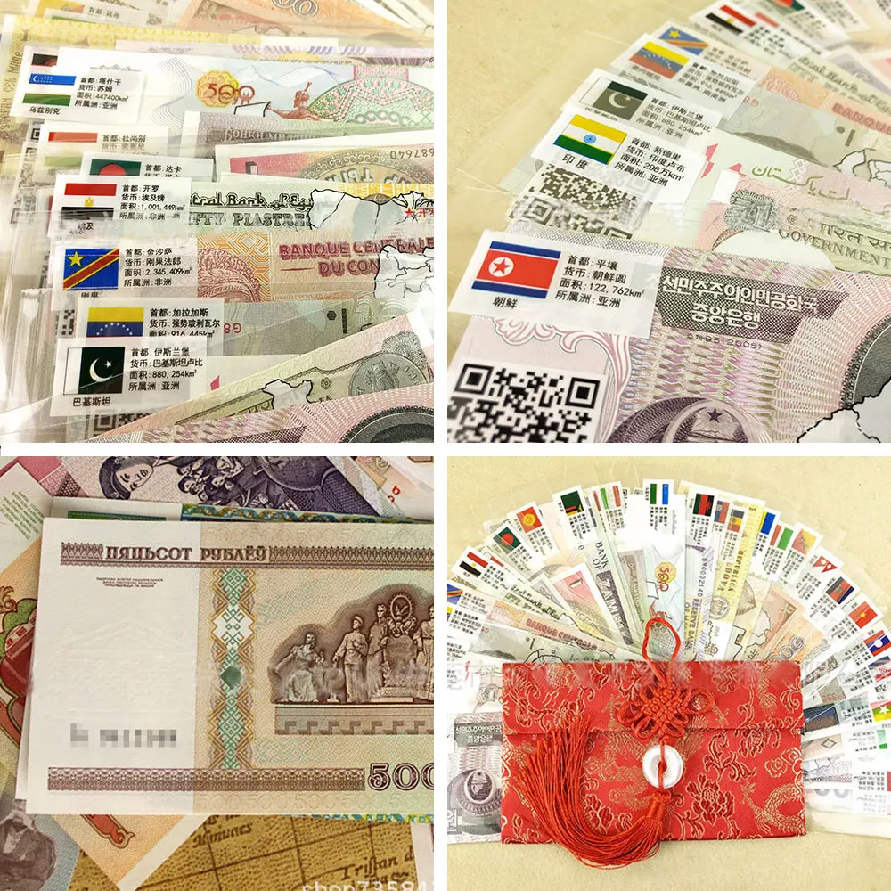 

52Pcs Notes from 28 Countries UNC Real Original Banknotes Note with Red Bag Envelope World Note Gift, Collection, Original Notes