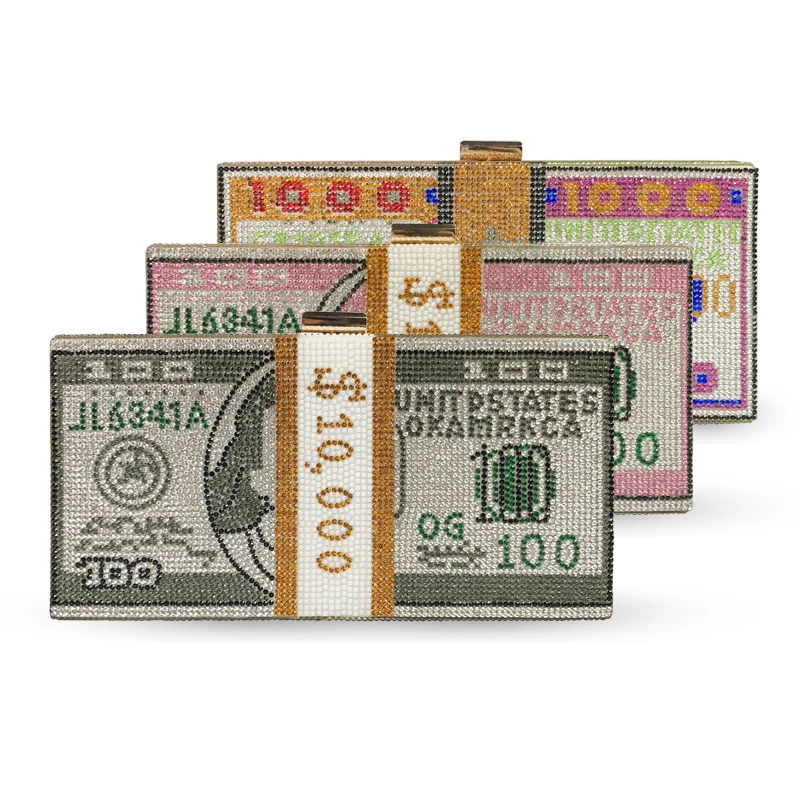 

Money Clutch Rhinestone Purse 10000 Dollars Stack of Cash Evening Handbags Shoulder Wedding Dinner Bag