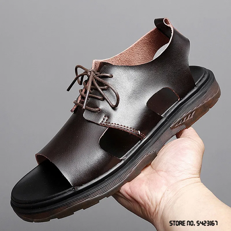 Мужские сандалии из натуральной кожи уличная пляжная обувь на шнуровке плоская